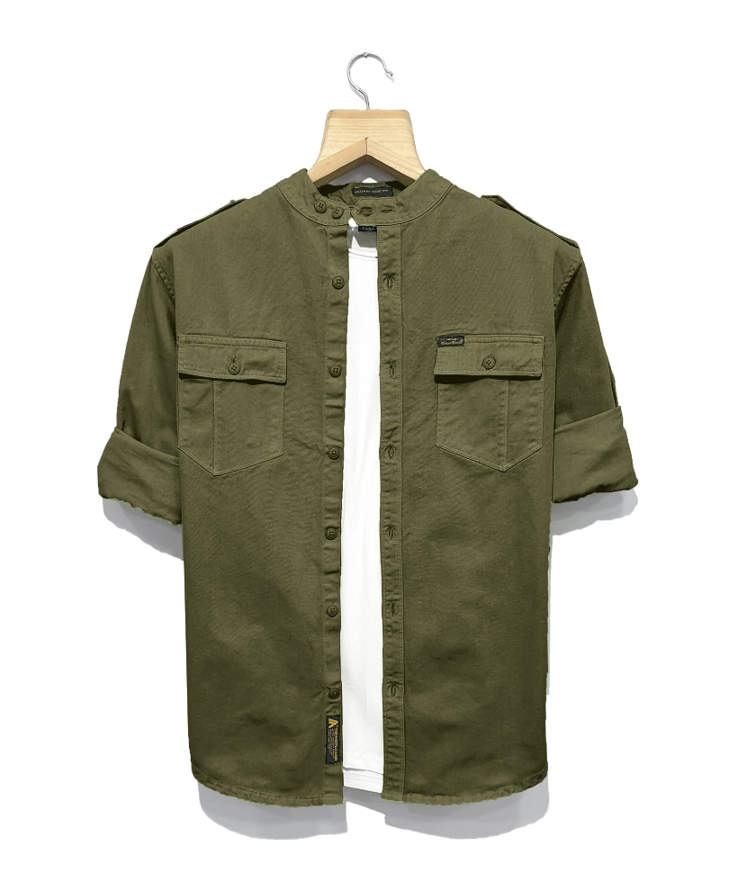 Olive Green Chinese Collar Denim Casual Shirt