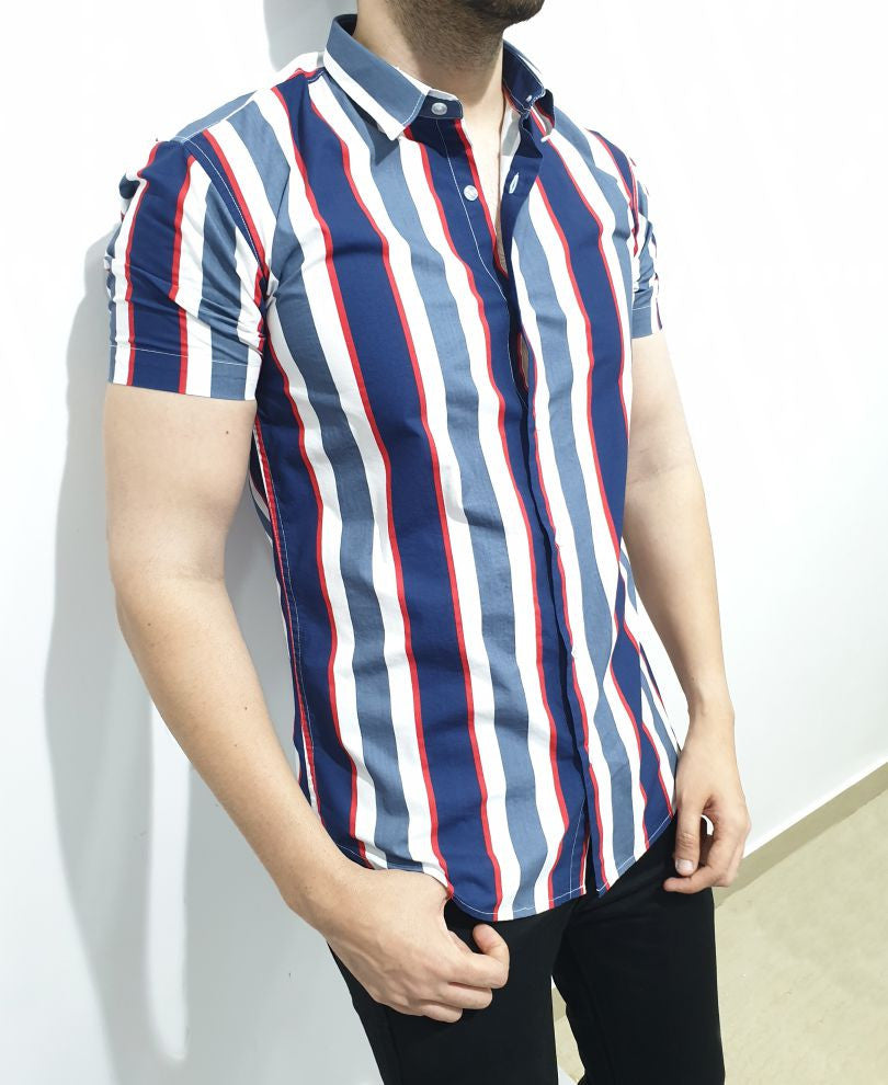 Grey And Blue Stripes Print Half Sleeves Shirt