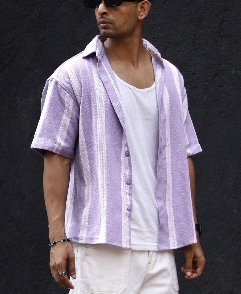 Purple Striped Structured Oversize Drop Shoulder Shirt