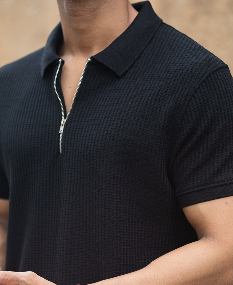 Black Structured Half Sleeves Zipper T Shirt