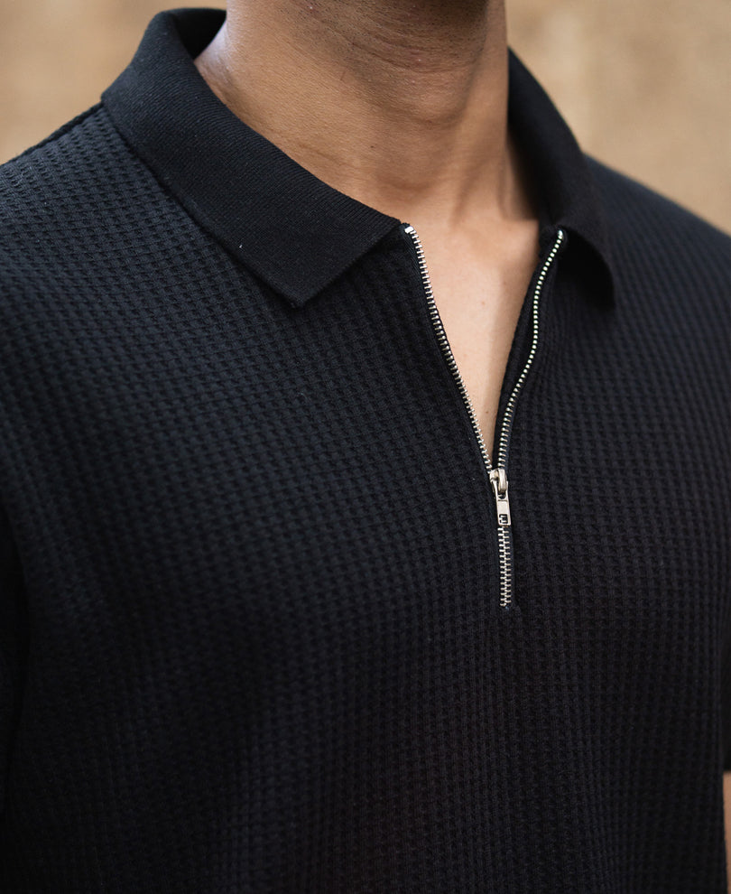 Black Structured Half Sleeves Zipper T Shirt