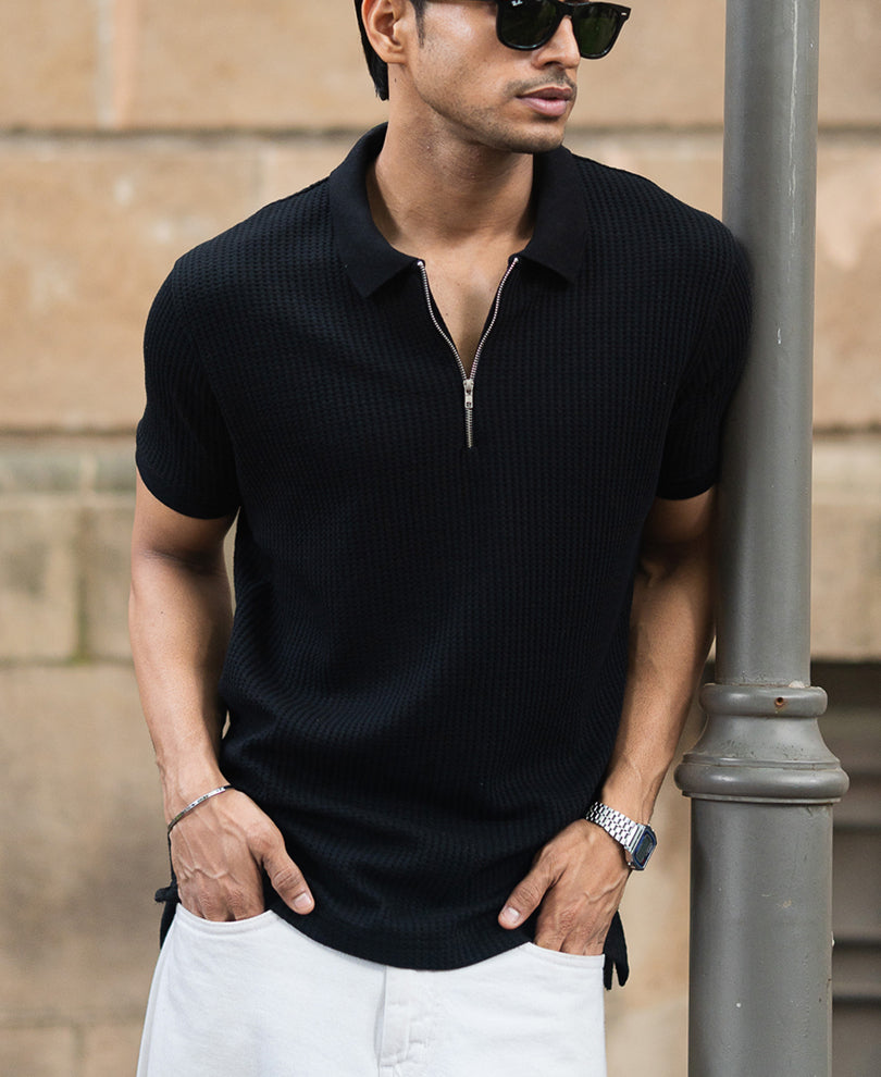 Black Structured Half Sleeves Zipper T Shirt