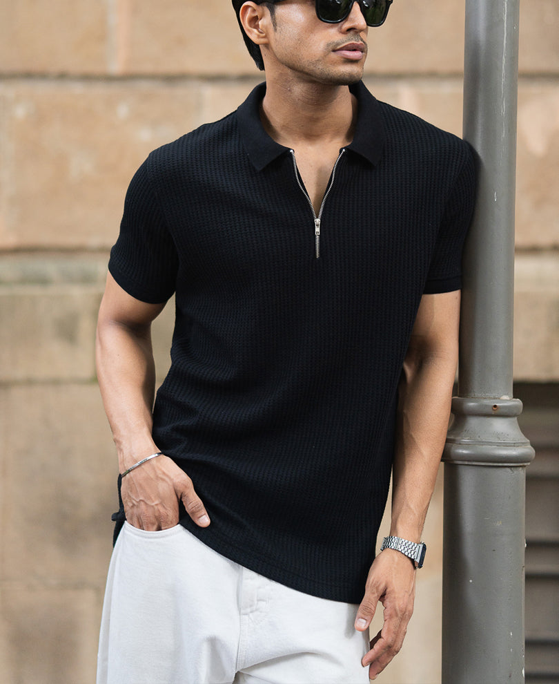 Black Structured Half Sleeves Zipper T Shirt