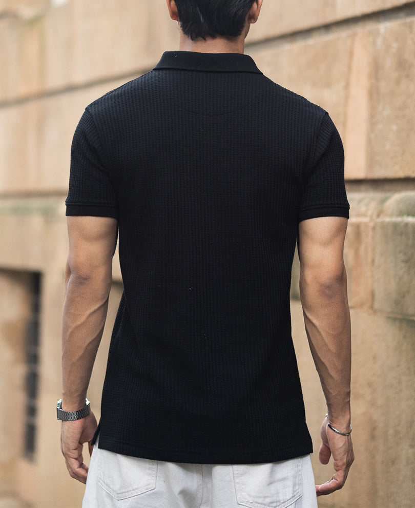 Black Structured Half Sleeves Zipper T Shirt