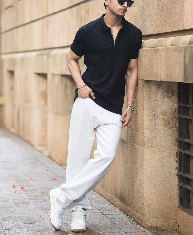Black Structured Half Sleeves Zipper T Shirt