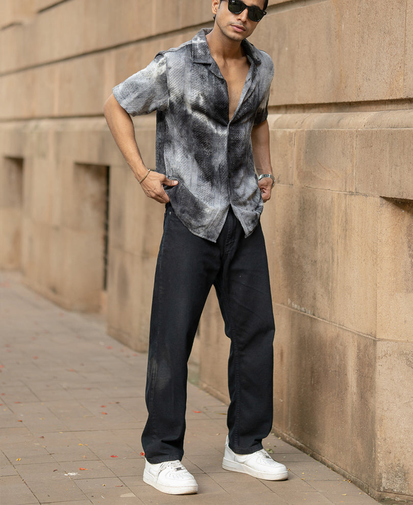 Black Regular Fit Structured Half Sleeves Shirt