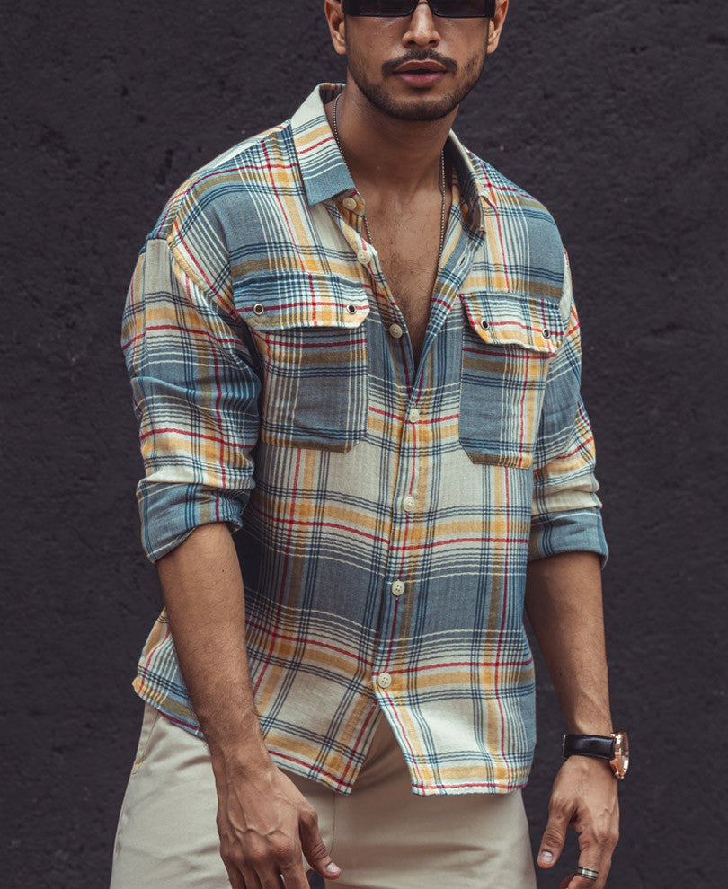 Multi Color Plaid Checks Oversize Drop Shoulder Shirt