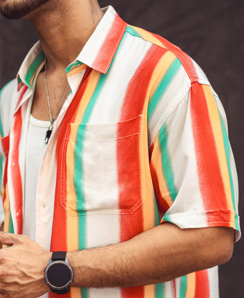 Multi Striped Double Pocket Oversize Drop Shoulder Shirt