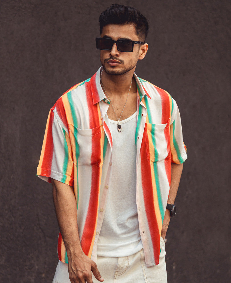 Multi Striped Double Pocket Oversize Drop Shoulder Shirt