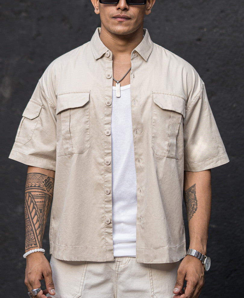 Beige Three Pockets Oversize Drop Shoulder Shirt