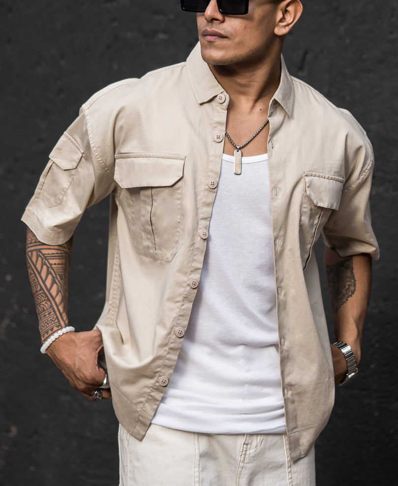 Beige Three Pockets Oversize Drop Shoulder Shirt