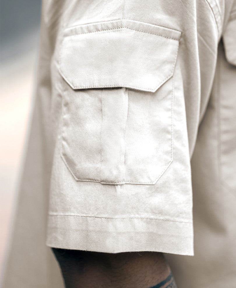 Beige Three Pockets Oversize Drop Shoulder Shirt