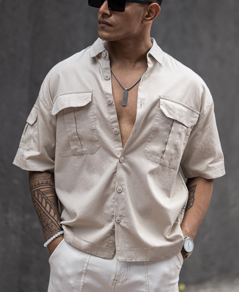 Beige Three Pockets Oversize Drop Shoulder Shirt