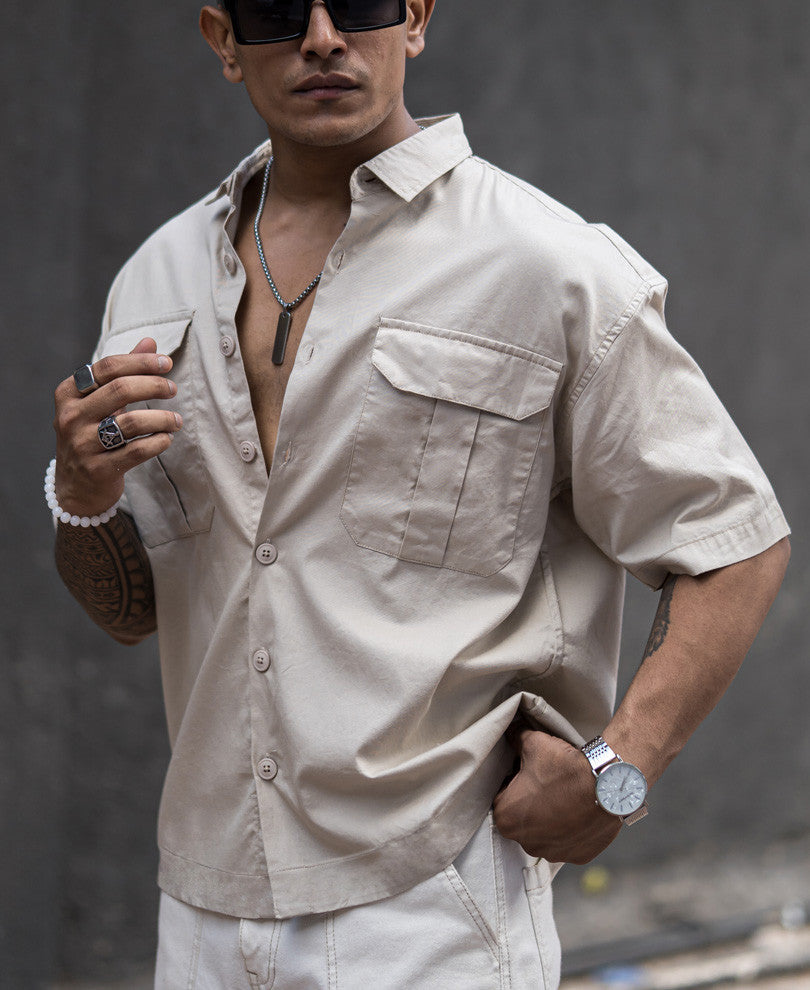Beige Three Pockets Oversize Drop Shoulder Shirt