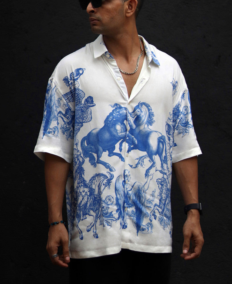 White Horse Print Oversized Shirt