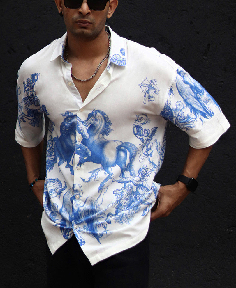 White Horse Print Oversized Shirt