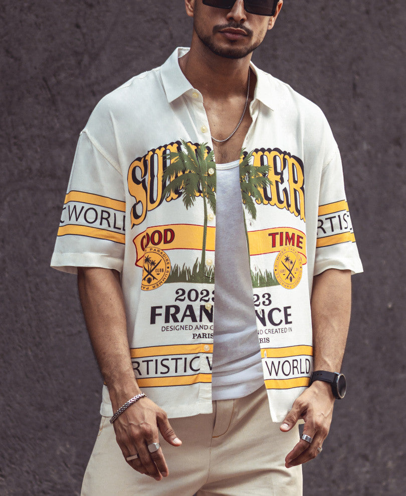 White Summer Print Oversize Drop Shoulder Shirt