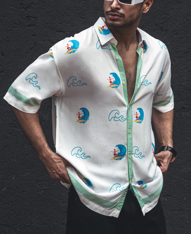 White with Green Border Print Oversize Drop Shoulder Shirt