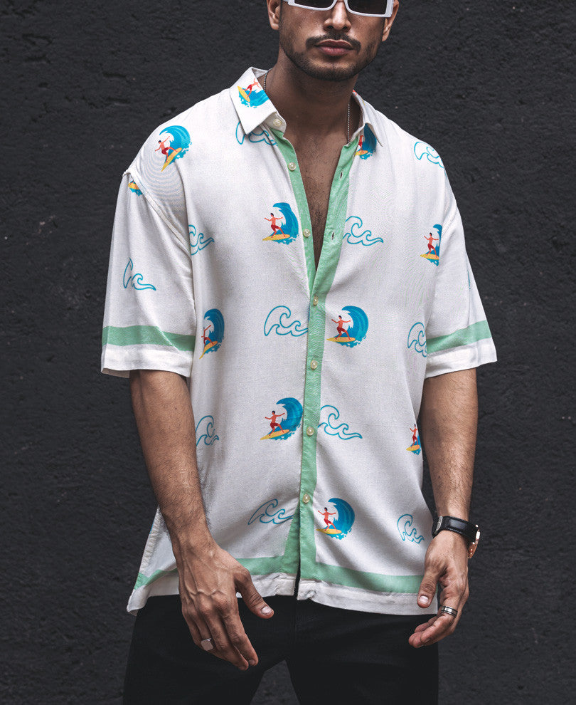 White with Green Border Print Oversize Drop Shoulder Shirt
