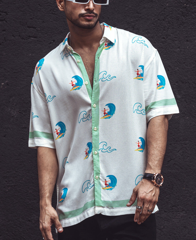 White with Green Border Print Oversize Drop Shoulder Shirt