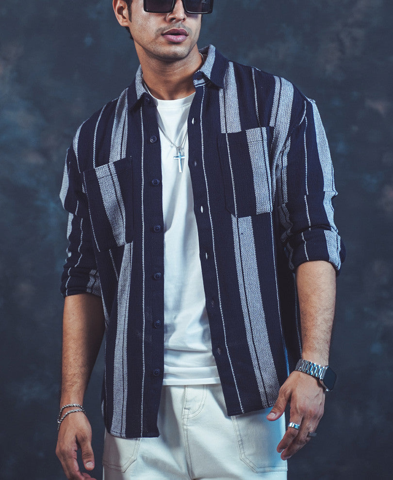 Navy Blue Striped Oversized Shirt