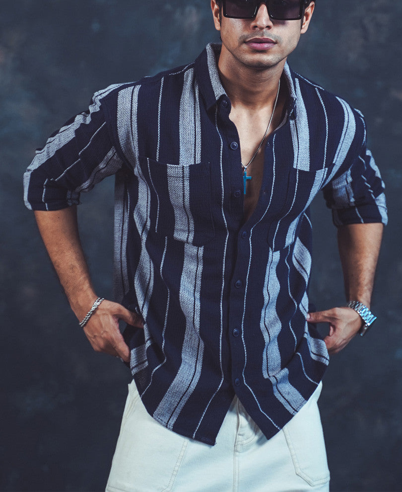 Navy Blue Striped Oversized Shirt