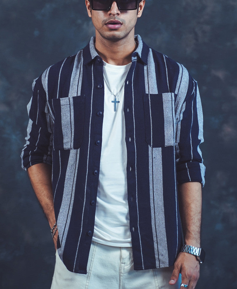 Navy Blue Striped Oversized Shirt