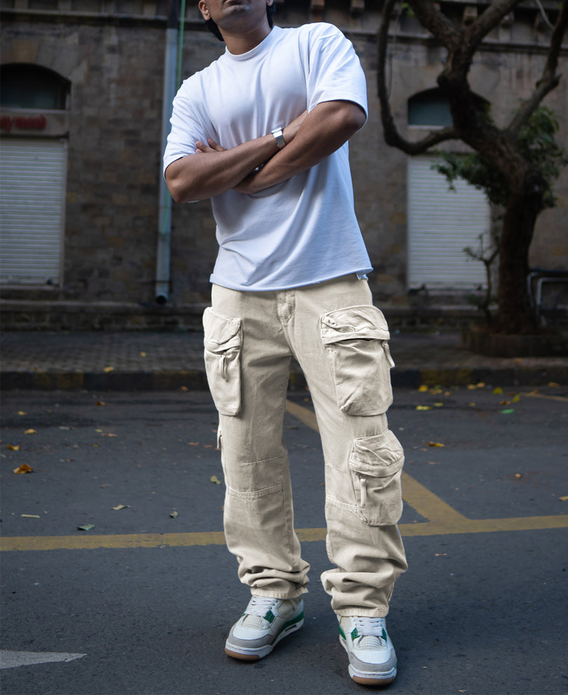 Stone Baggy Fit Denim Cargo Jeans