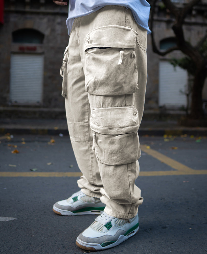 Stone Baggy Fit Denim Cargo Jeans
