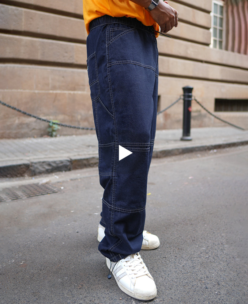 Blue Denim Baggy Fit Parachute Pants