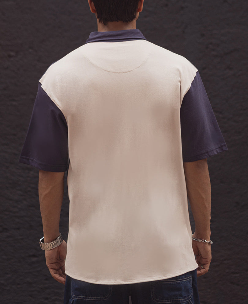 Navy Blue and Off White Printed Oversized Half Sleeves Shirt