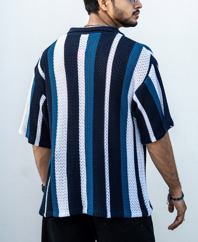 Multicolor Crochet Knit Striped Oversize Drop Shoulder Shirt