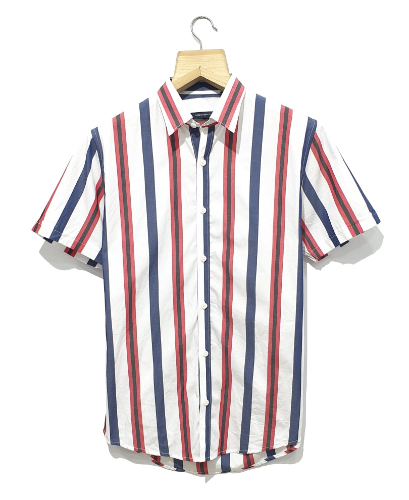 White And Multi Stripes Print Half Sleeves Shirt