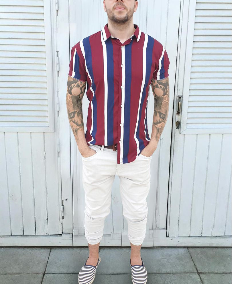 Maroon And Navy Blue Stripes Print Half Sleeves Shirt