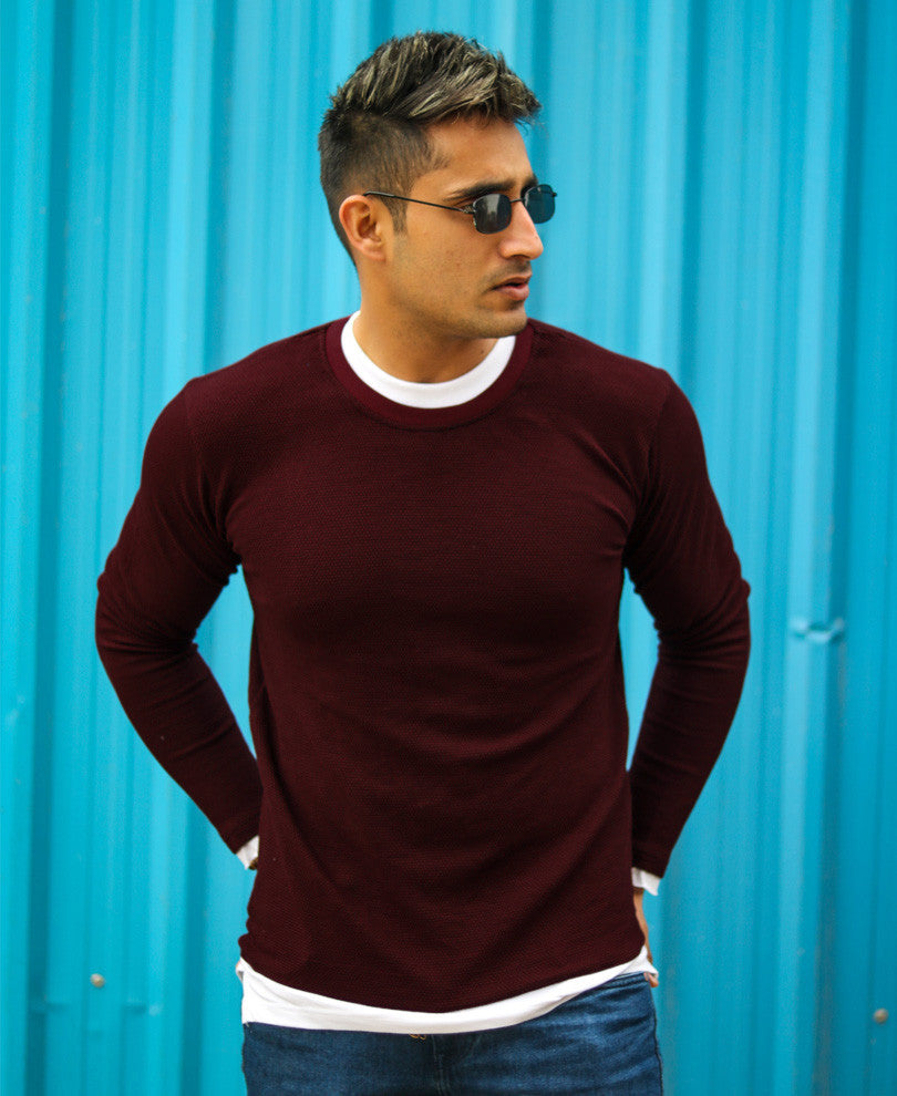 Maroon Double Crew Neck Full Sleeves T Shirt