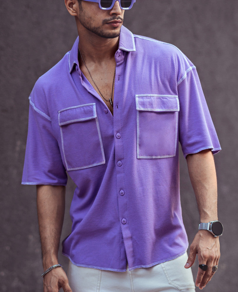 Purple Contrast Stitch Oversize Drop Shoulder Shirt