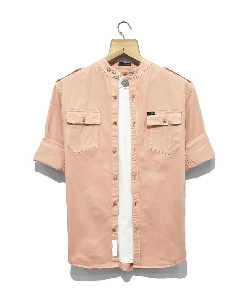 Pink Chinese Collar Denim Casual Shirt