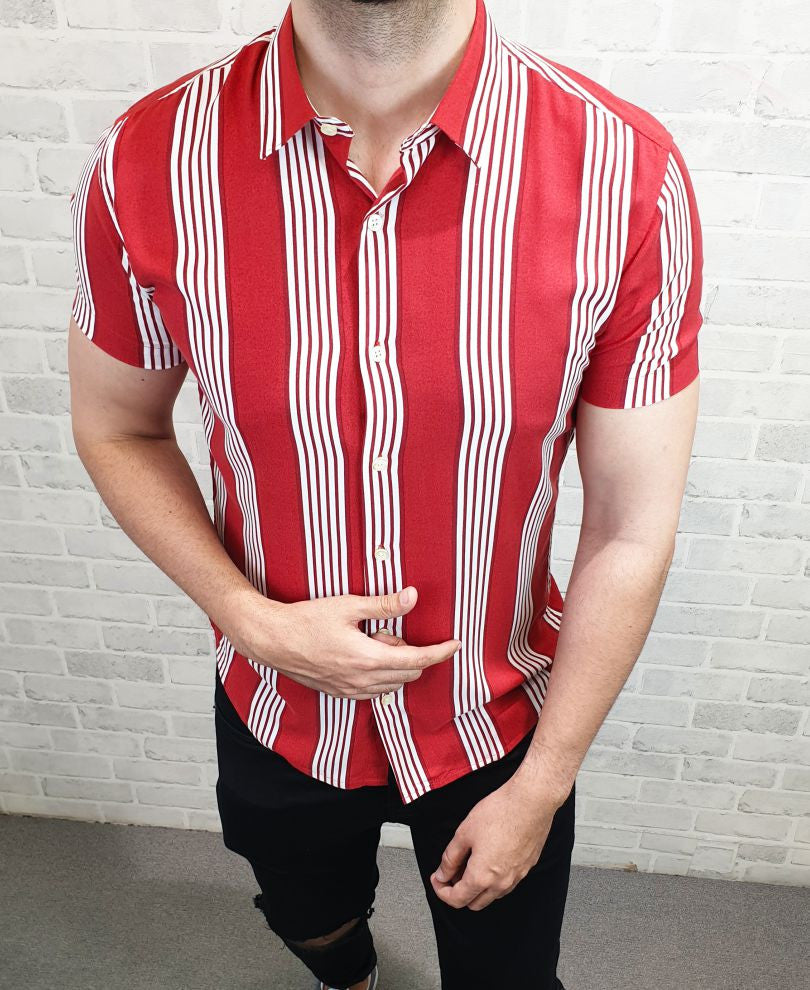 Red And White Triple Stripe Half Sleeves Shirt