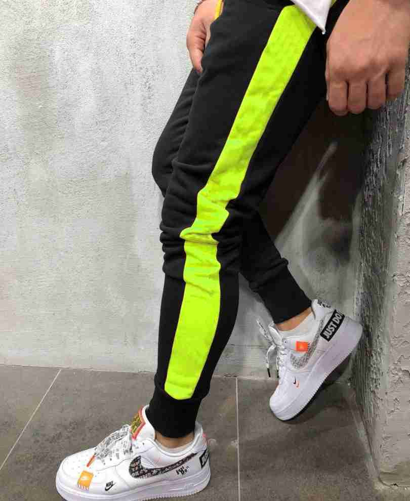 Black and Neon Green Stripes Ribbed Track Pant