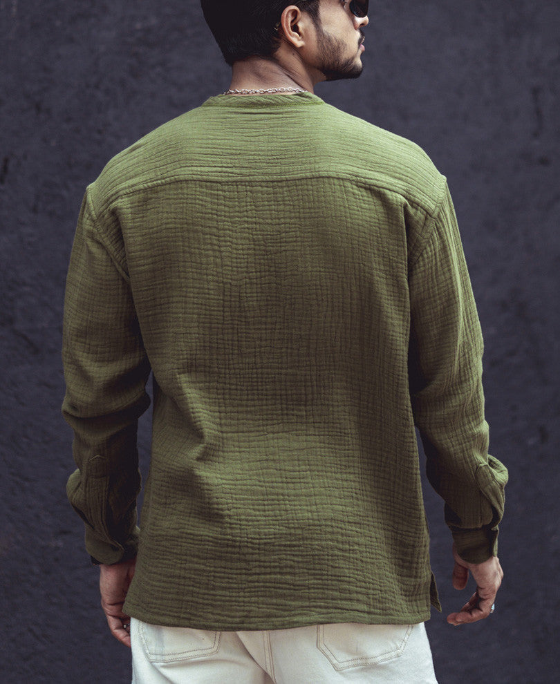 Olive Green Structured Kurta Style Oversize Drop Shoulder Shirt