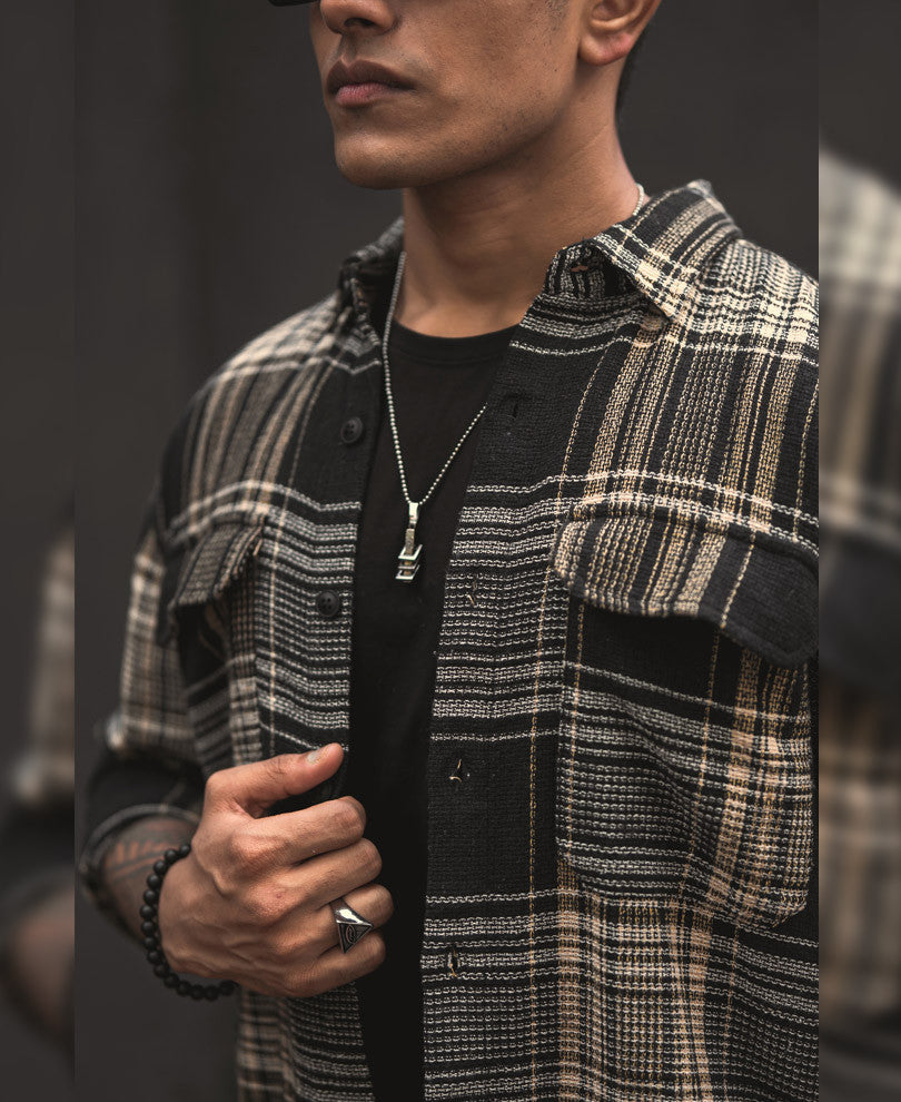 Black Structured Checks Shacket Oversized Shirt