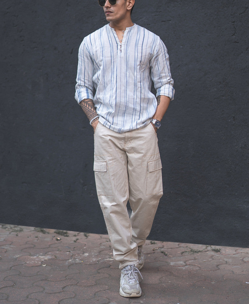 White Vertical Striped Kurta Style Shirt