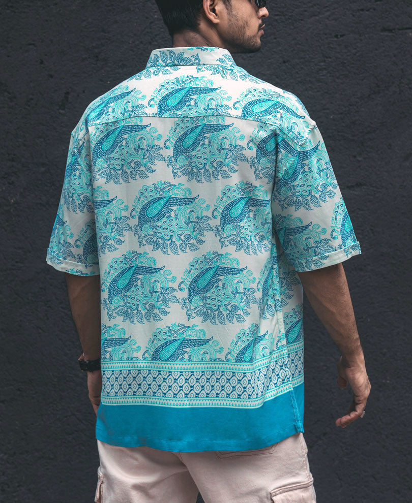 Green and Blue Ethnic Print Oversize Drop Shoulder Shirt