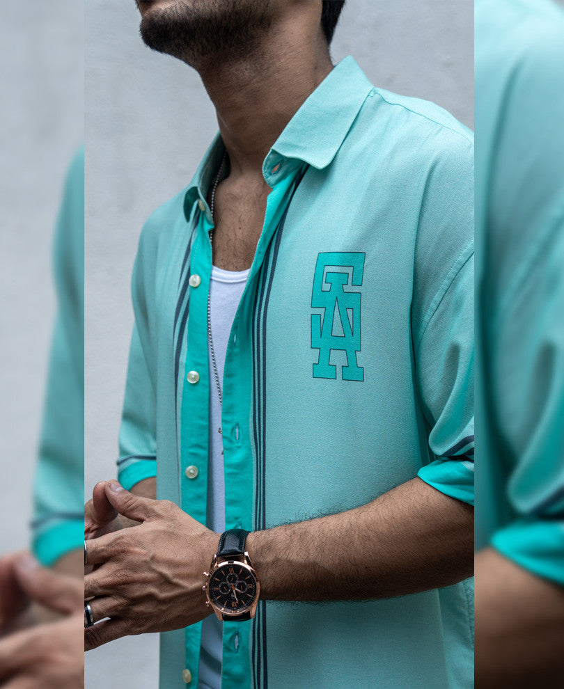 Mint Green Print Oversize Drop Shoulder Shirt