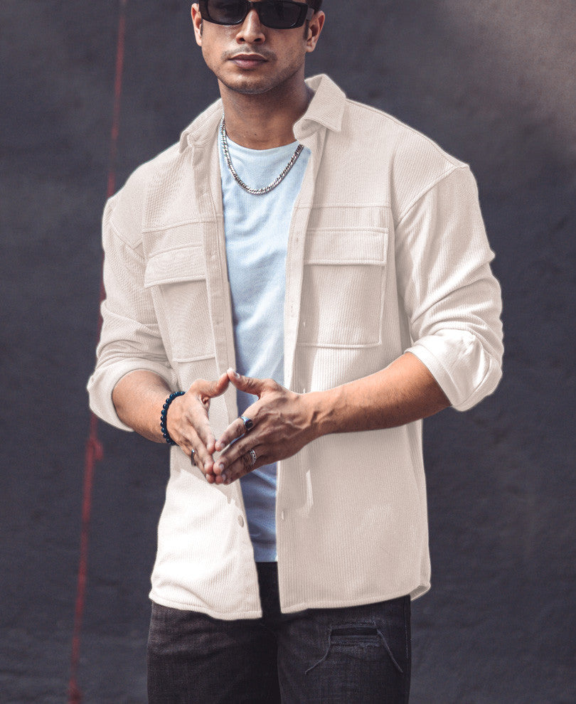 Cream Chest Pocket Shacket Oversize Drop Shoulder Shirt