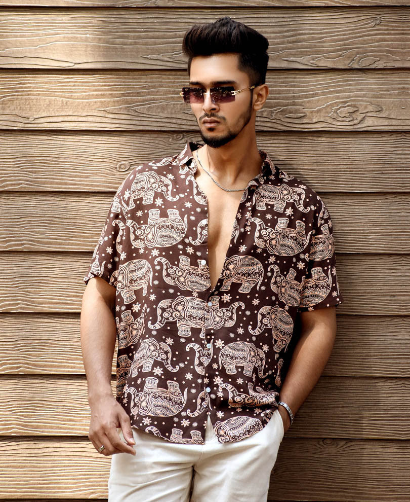 Brown Elephant Print Half Sleeves Shirt