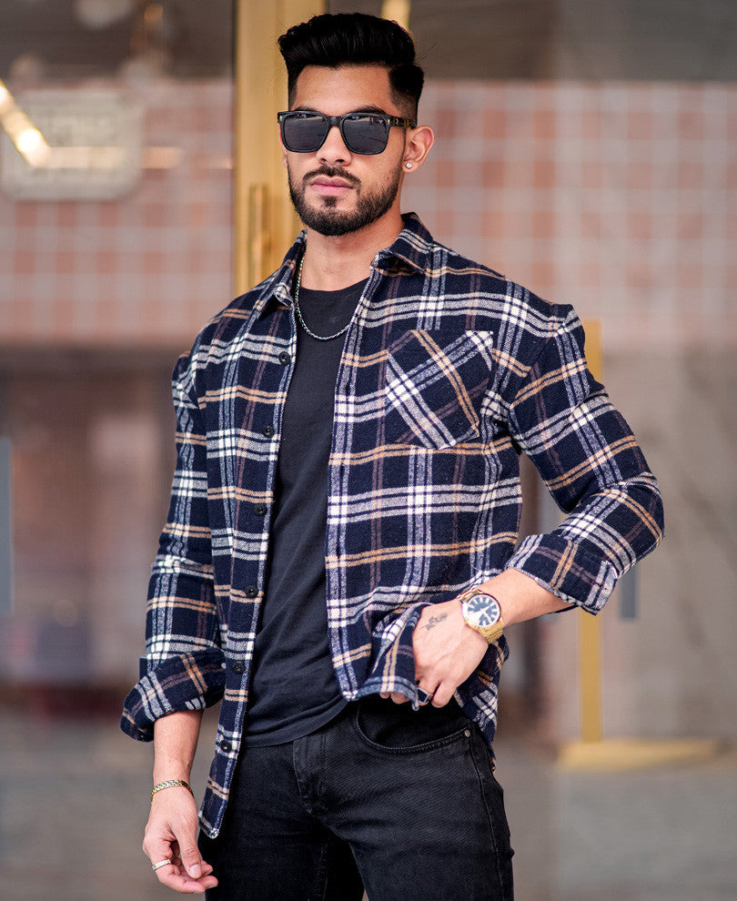 Navy Blue And Cream Checks Oversize Drop Shoulder Shirt