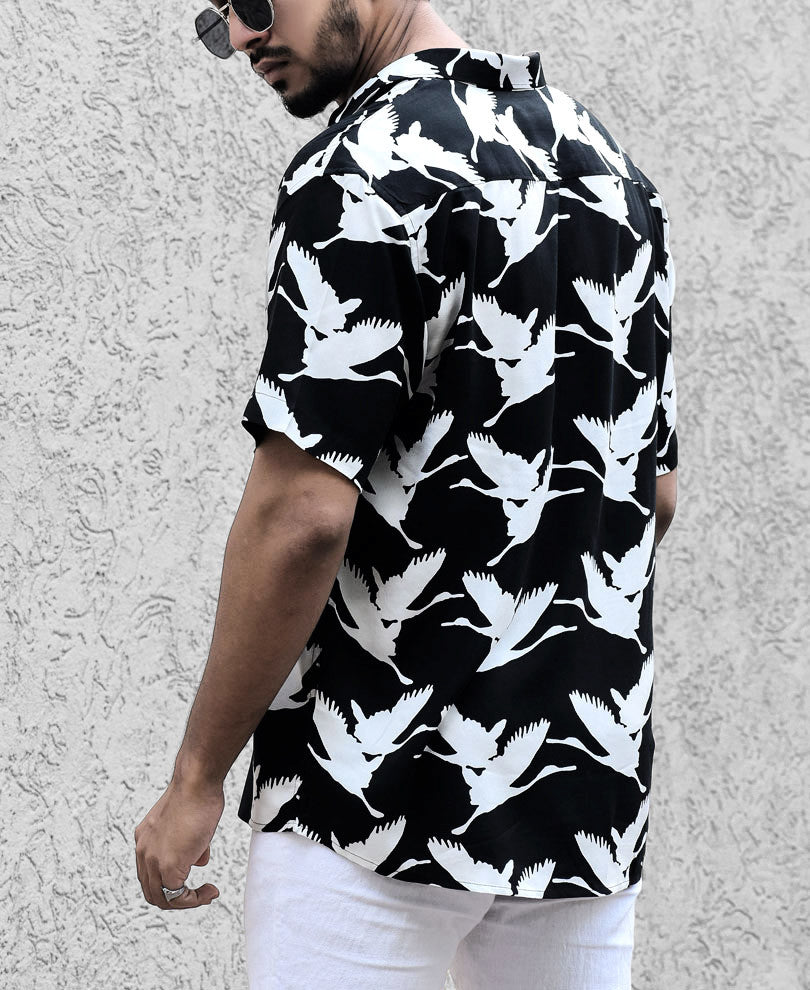 Black Swan Print Half Sleeves Shirt
