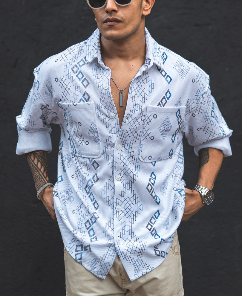 White Ethnic Print Oversized Shirt