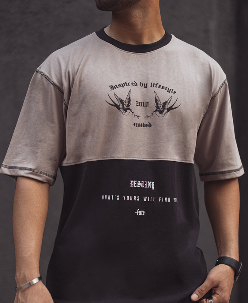 Grey and Black Oversized Printed Half Sleeves T Shirt